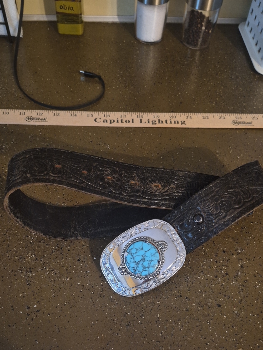 Men's Vintage Western Tooled Leather Belt with Turquoise Stone Buckle